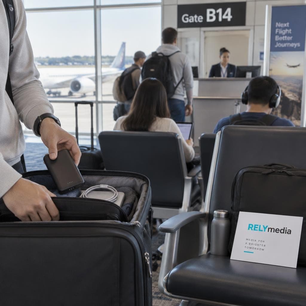 Travelers waiting at an airport departure gate