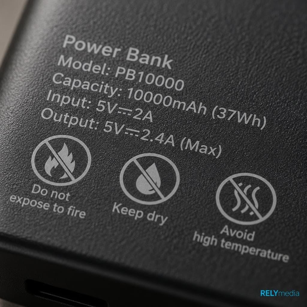 Close-up of the safety label on a power bank