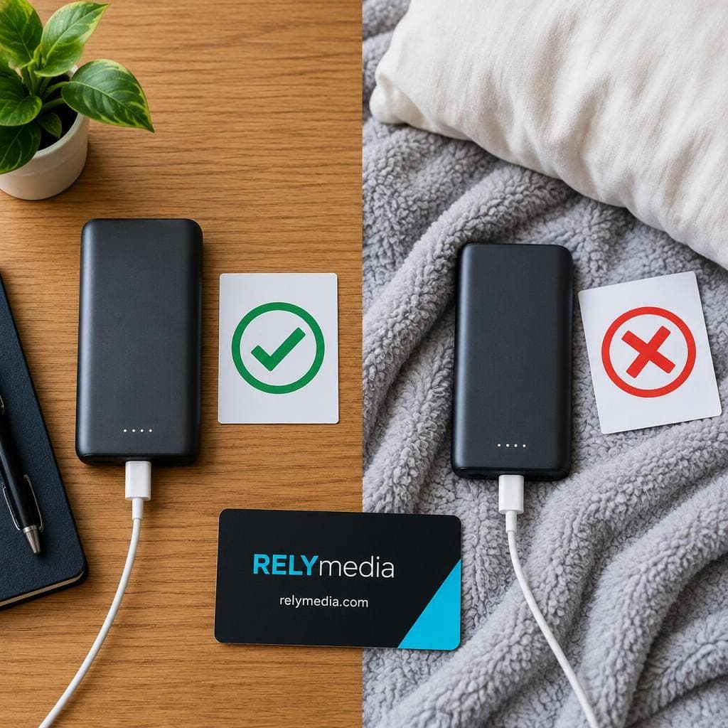 Flat lay of power banks on different charging surfaces