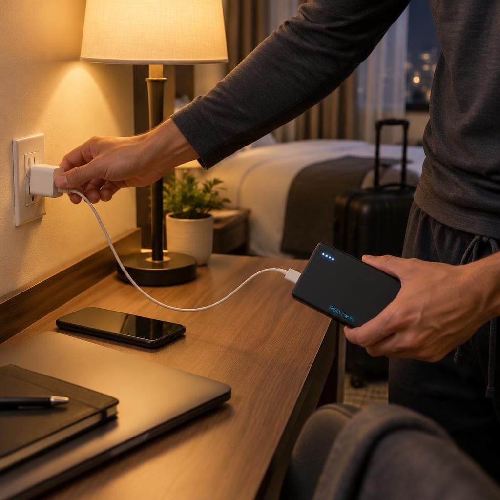 Traveler unplugging a power bank in a hotel room