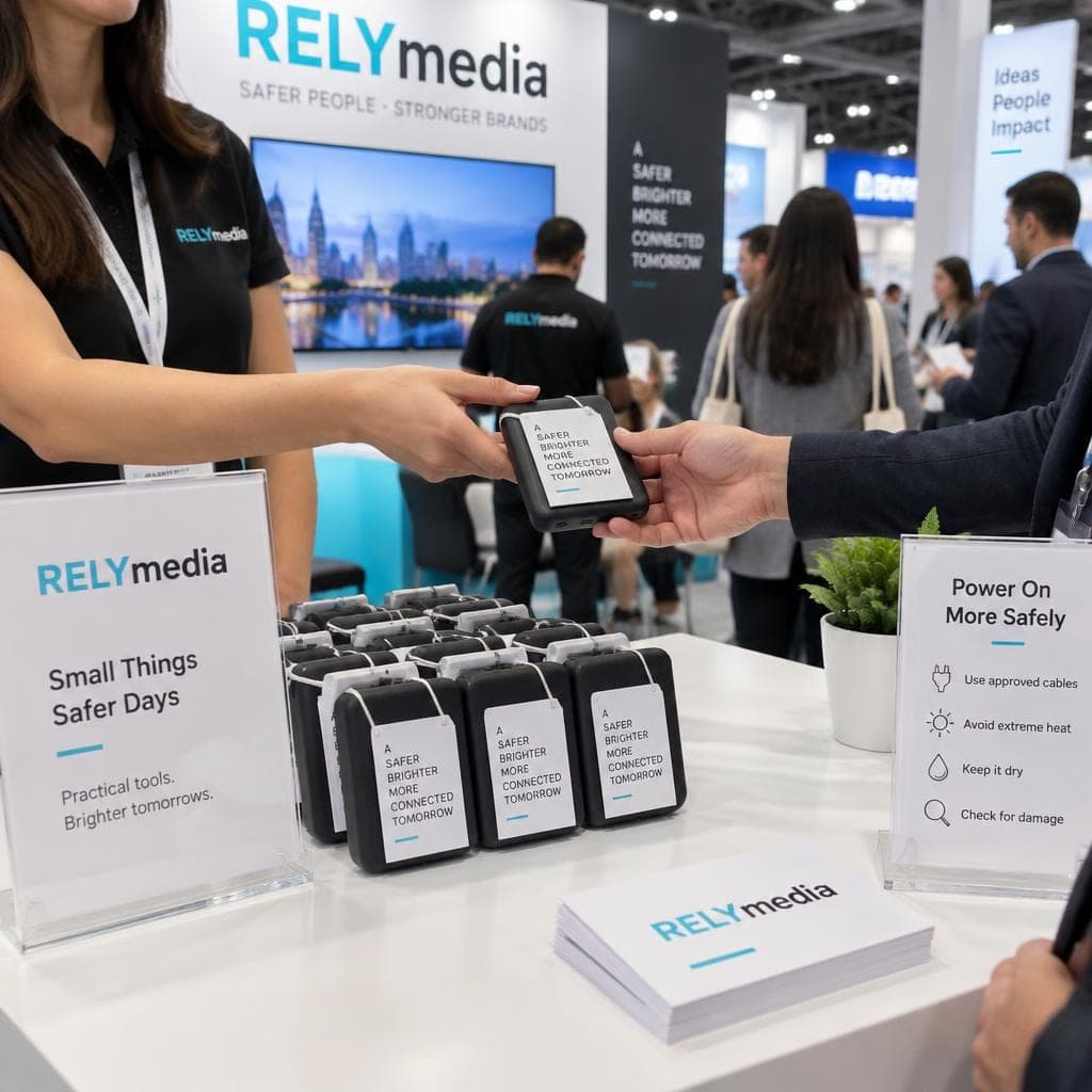 Power banks displayed at a trade show booth