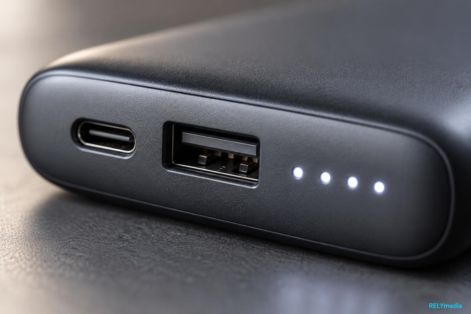 Close-up of a power bank's charging ports and LED indicator
