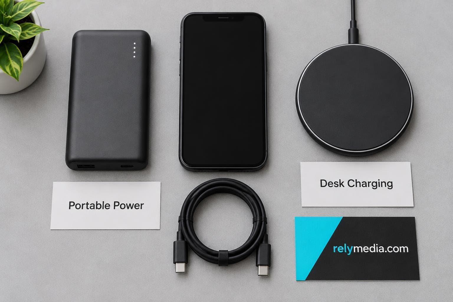 Flat lay comparing a power bank and a wireless charging pad