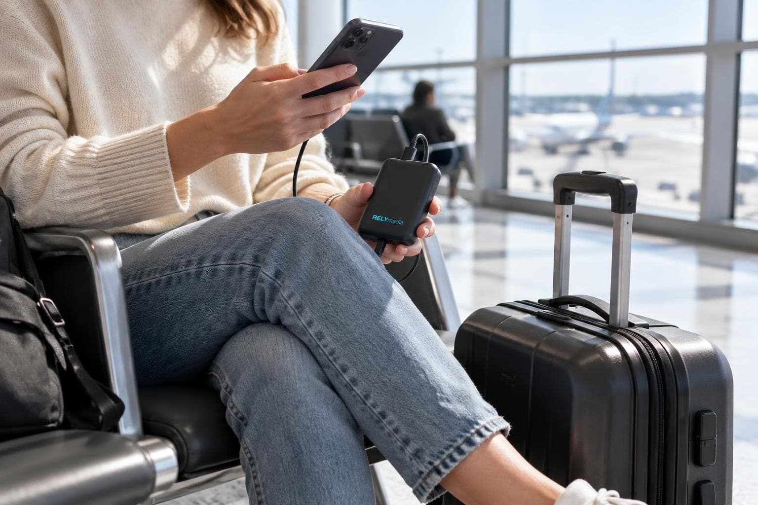 Traveler charging a phone from a power bank at an airport gate