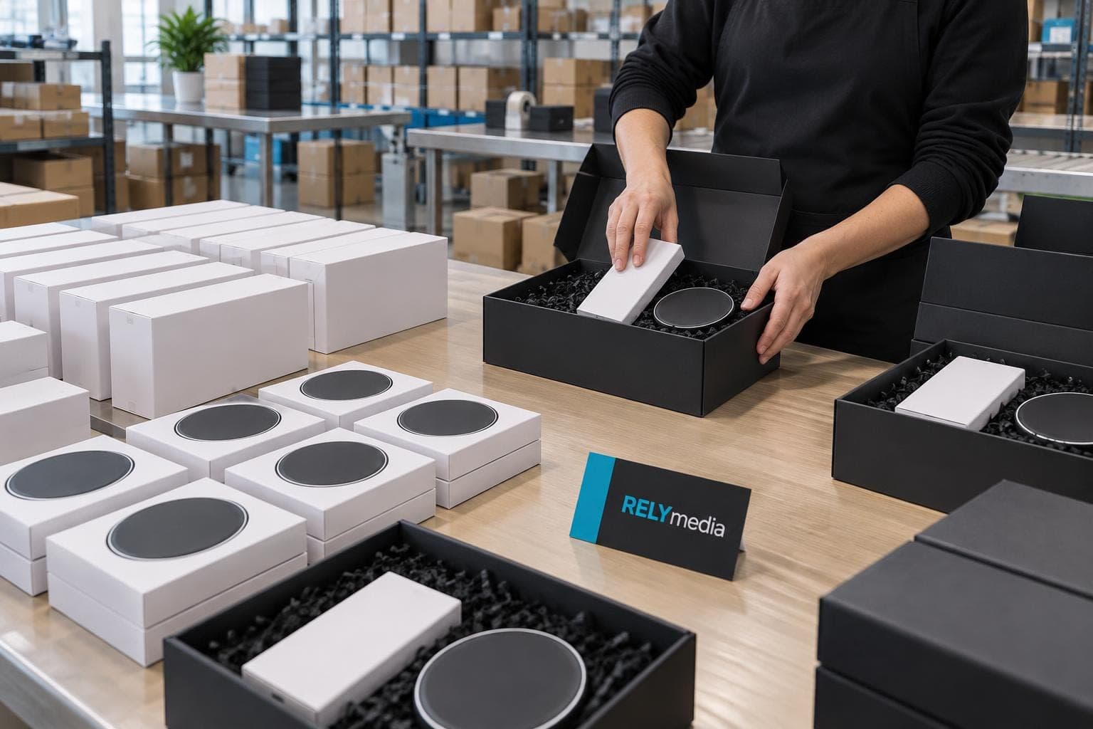 Boxed power banks being packed for a corporate gift order