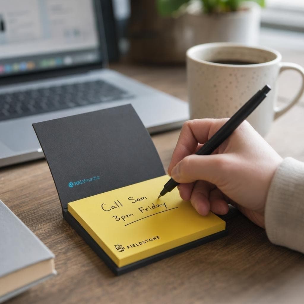 Person writing on a sticky note