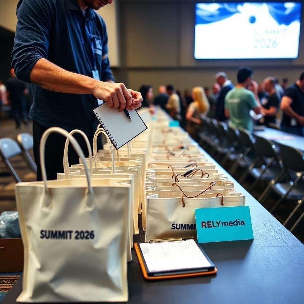 Branded swag bags being handed out and used at an event