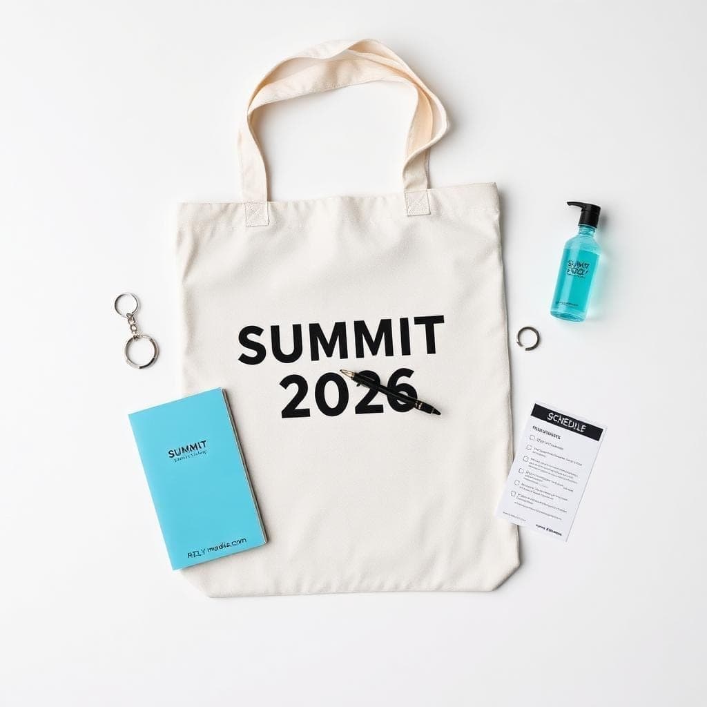 Flat lay of swag bag items being assembled