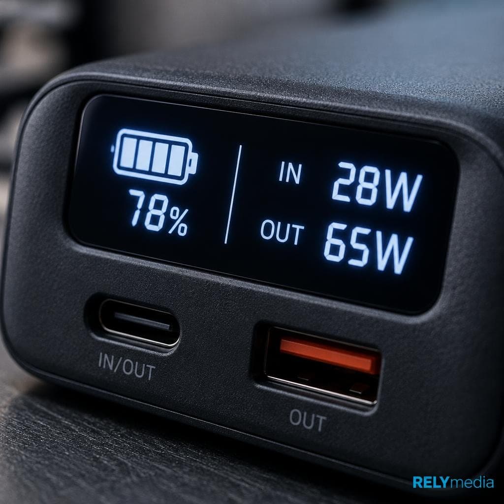 Close-up of a power bank's digital battery display