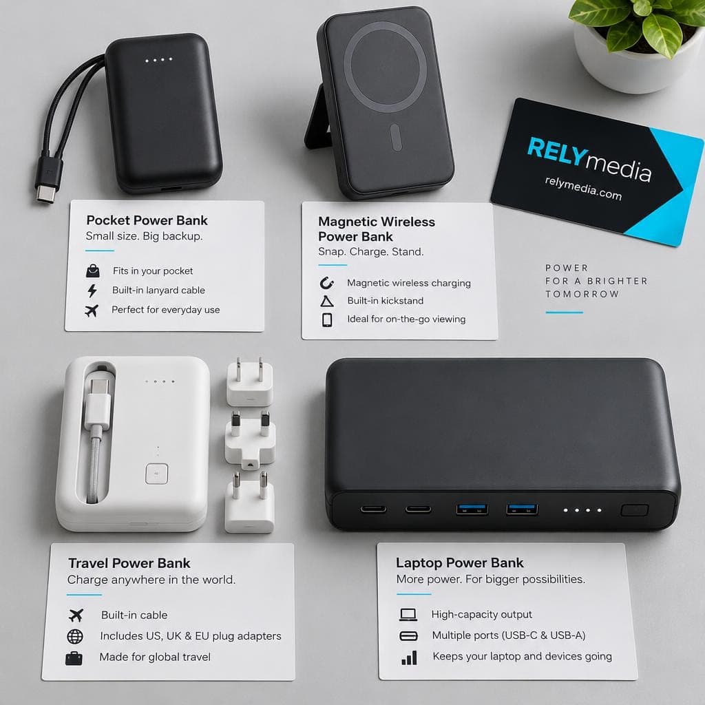 Flat lay of four different types of power banks