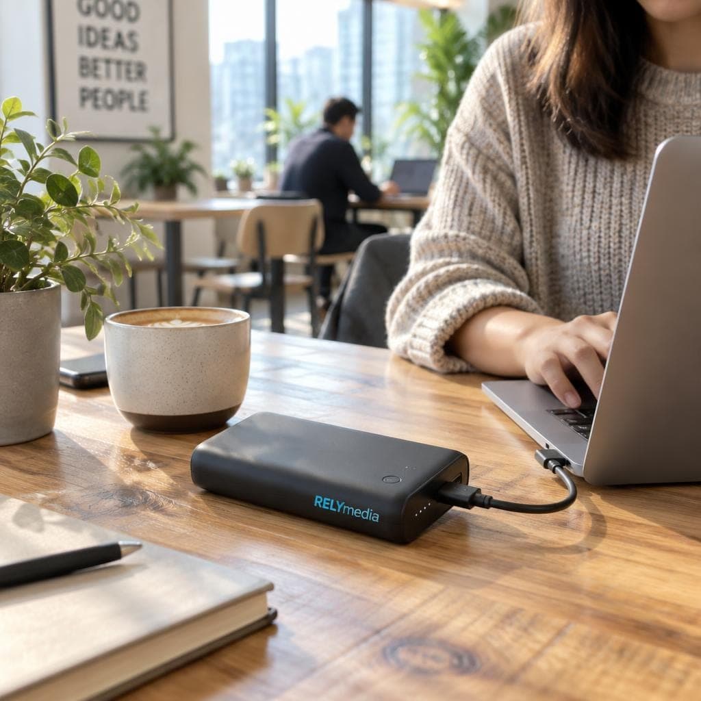 Laptop and phone charging from a power bank on a coworking desk