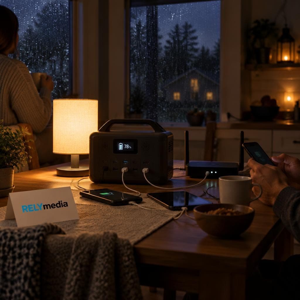 Portable power station running devices during a storm outage
