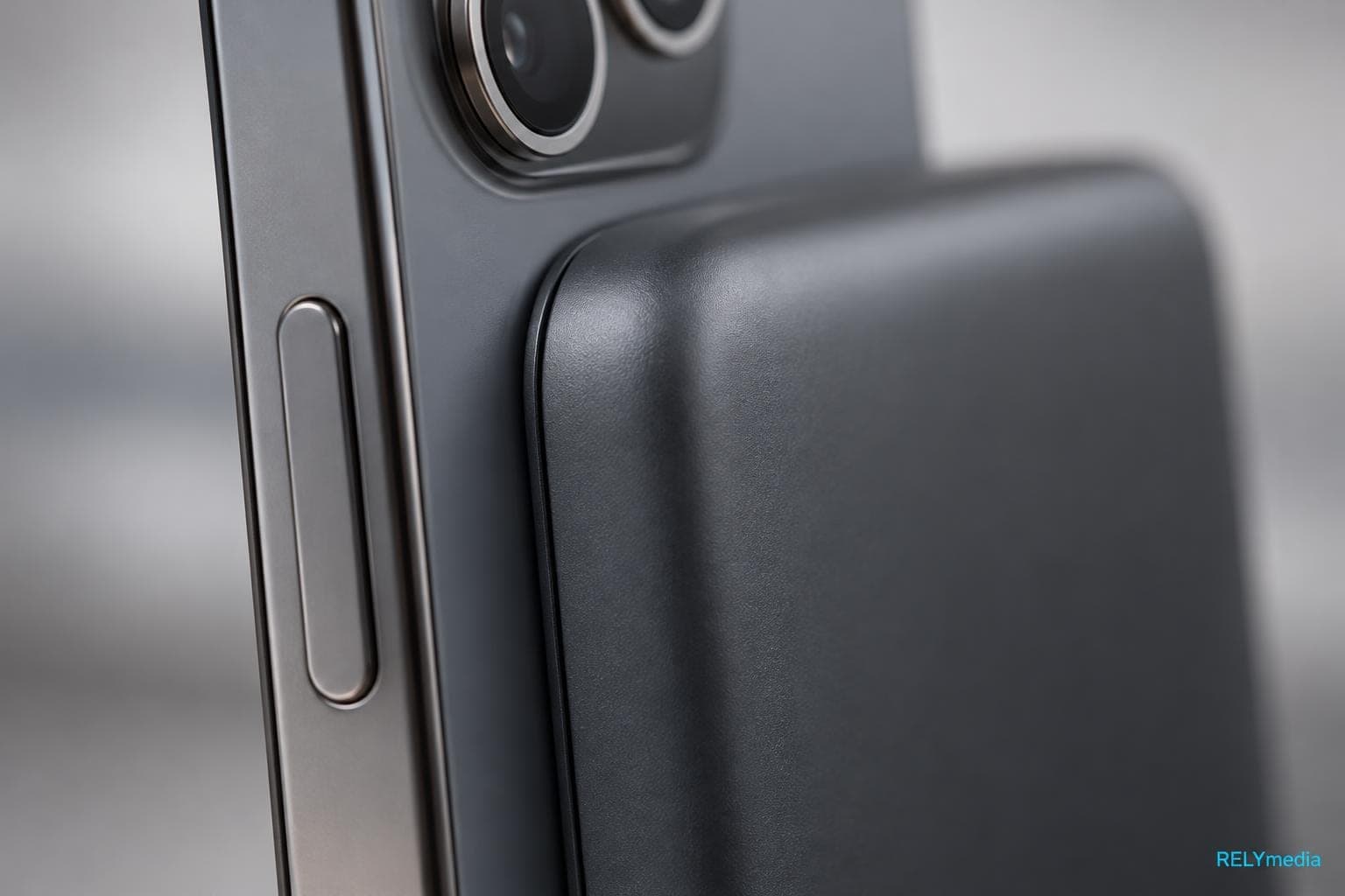 Close-up of a magnetic power bank attached to a phone