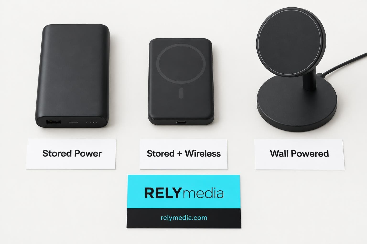 Flat lay of three charging products on a table