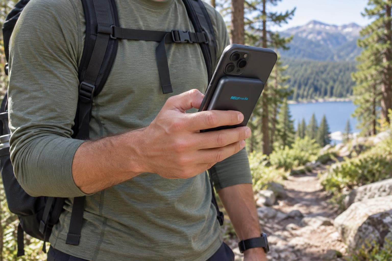 Hiker on a trail with a phone and power bank