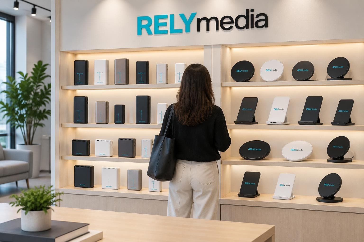 Showroom wall displaying power banks and wireless chargers