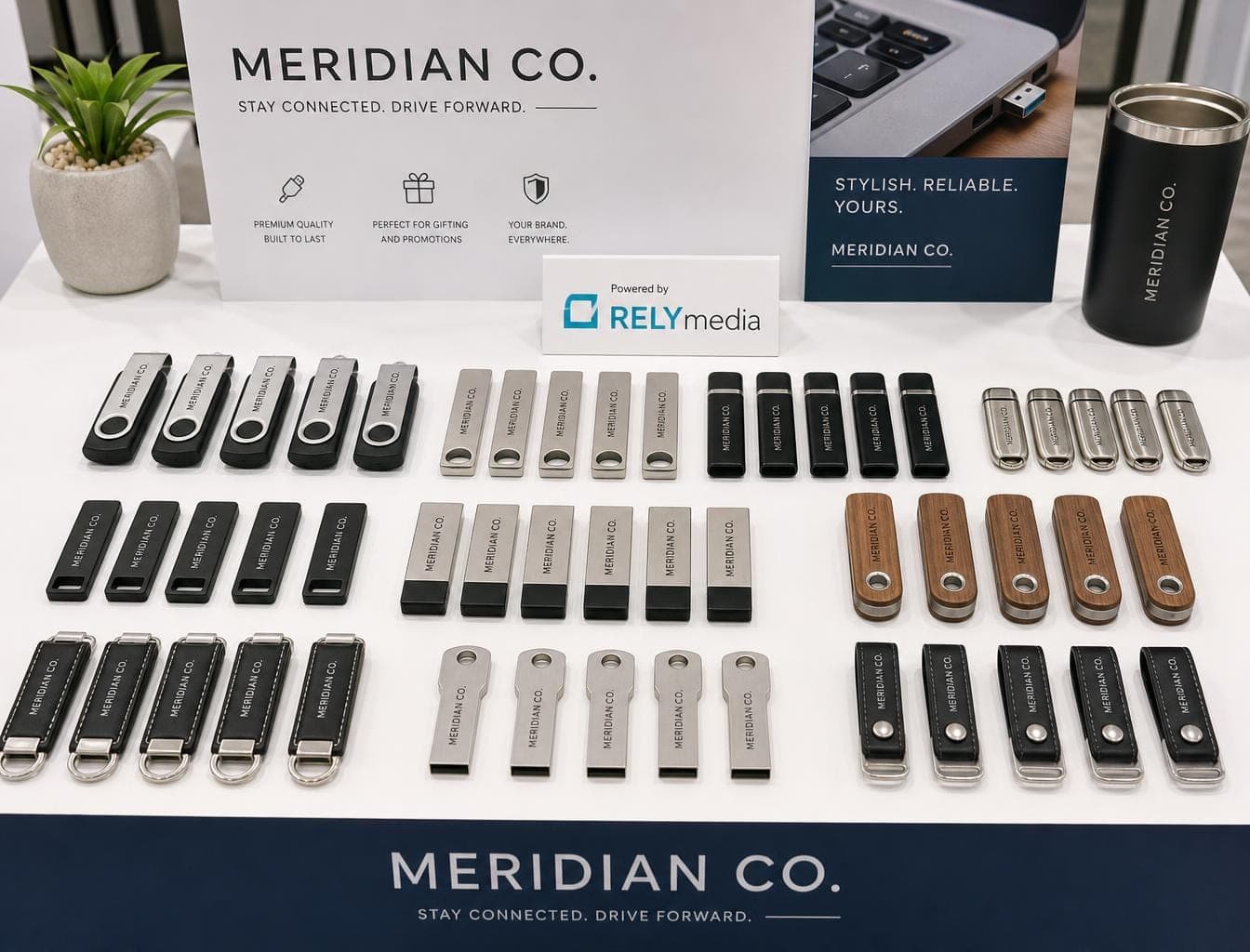Branded USB flash drives arranged as an event giveaway display