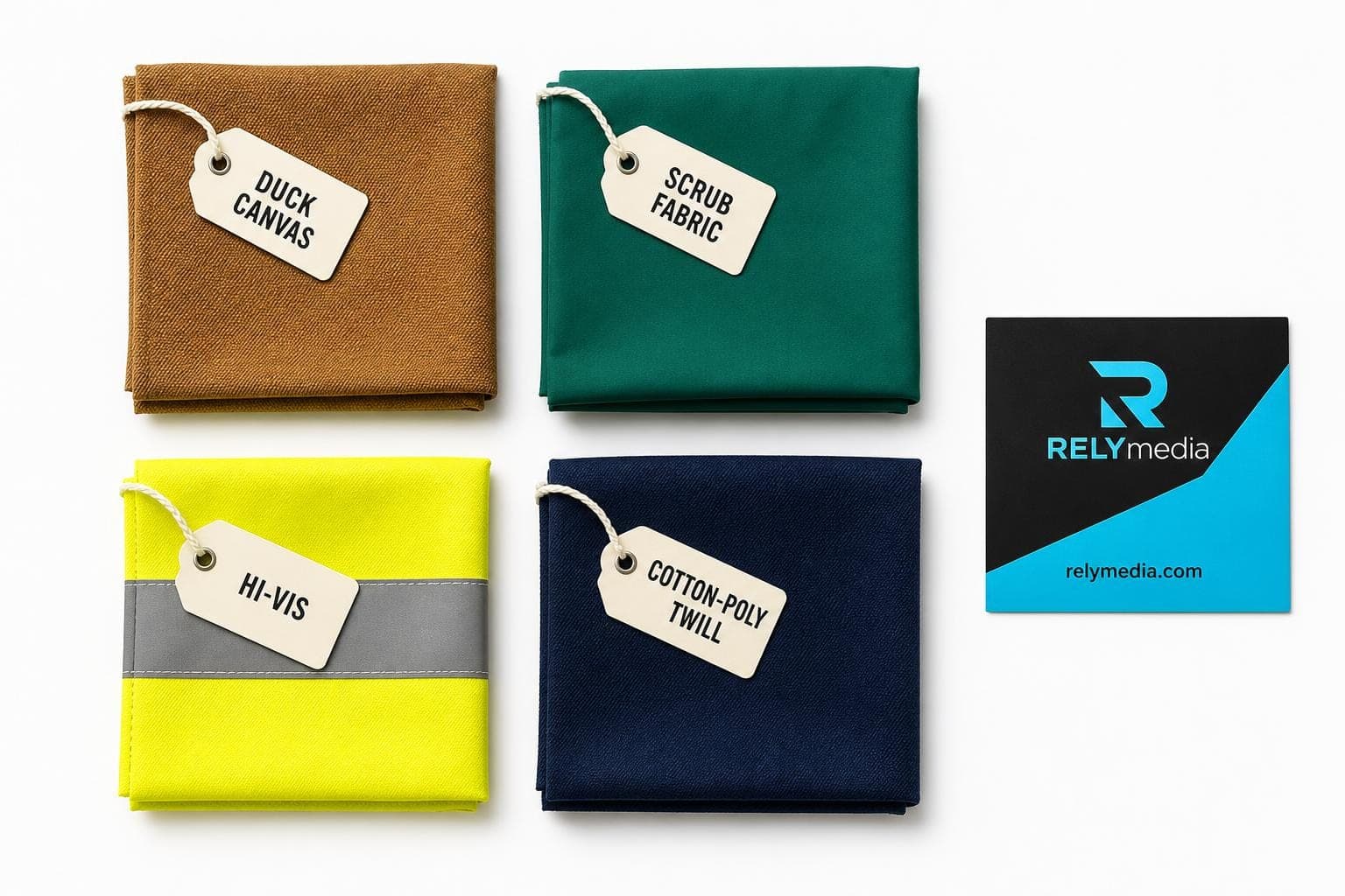Workwear fabrics from several brands laid out side by side
