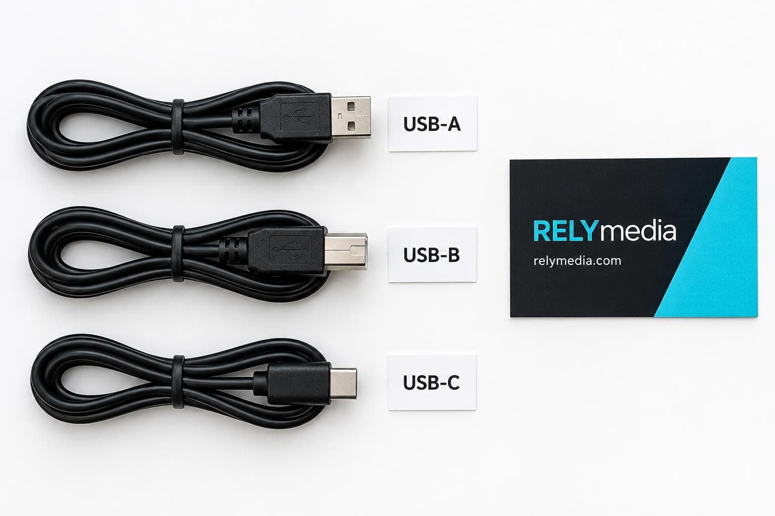 Several USB cables laid out side by side for comparison