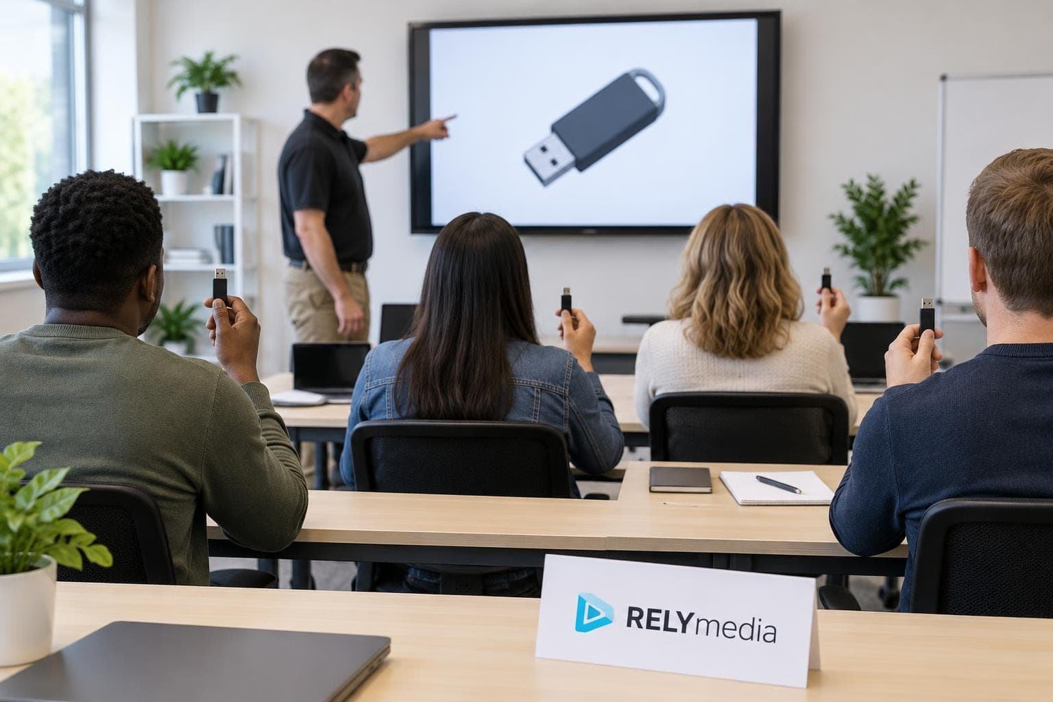 Group learning about USB devices at a workshop table