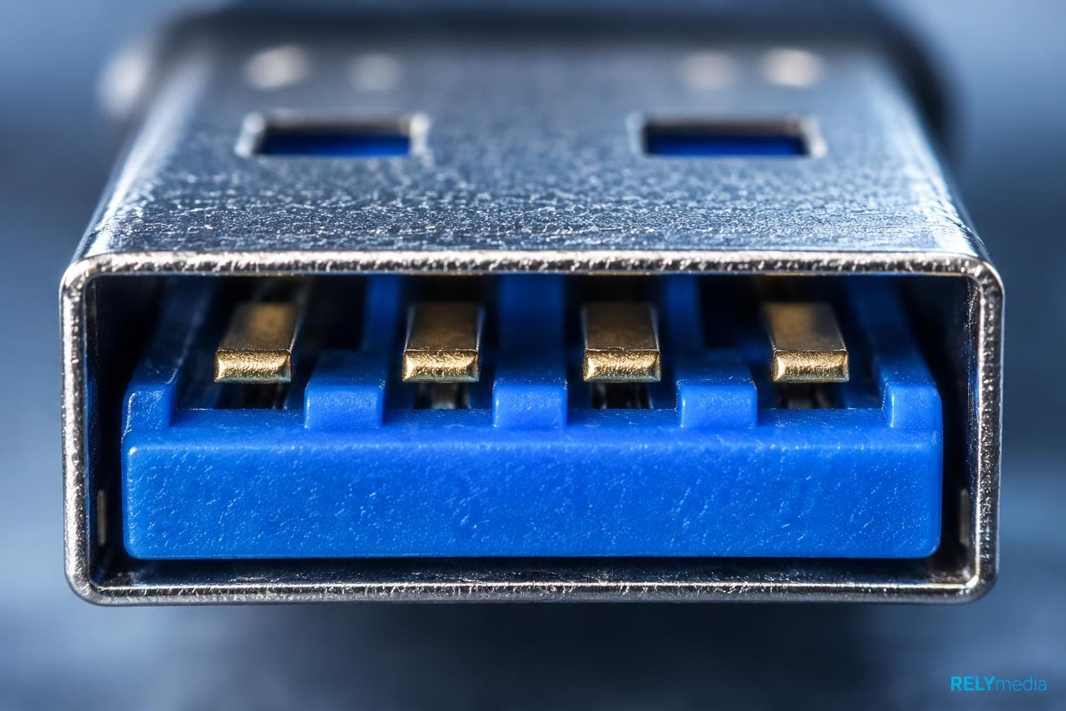Close-up of a blue USB 3.0 port insert