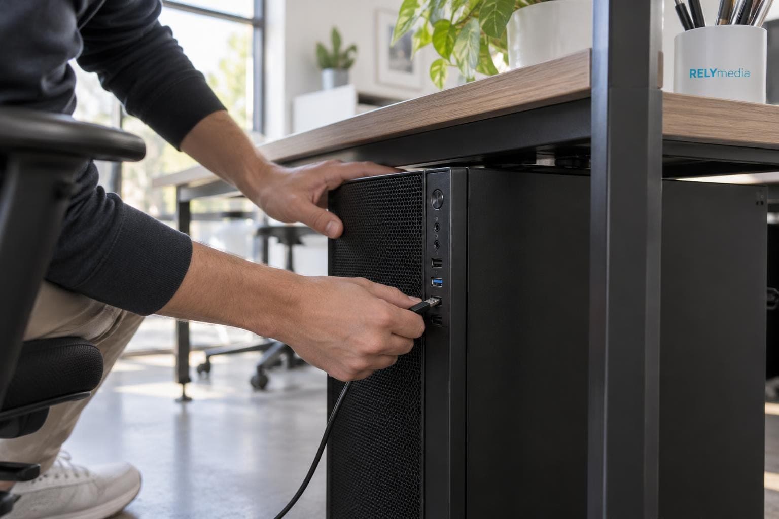 Person plugging a USB device into a desktop tower