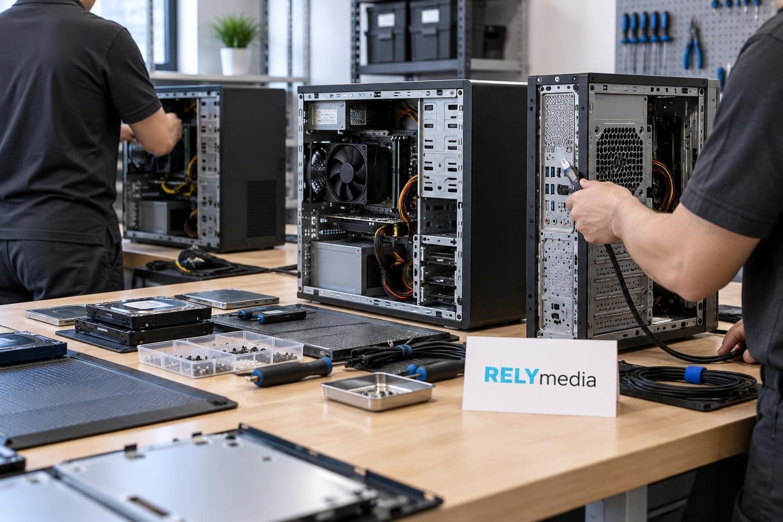 IT technician testing USB devices at a workbench