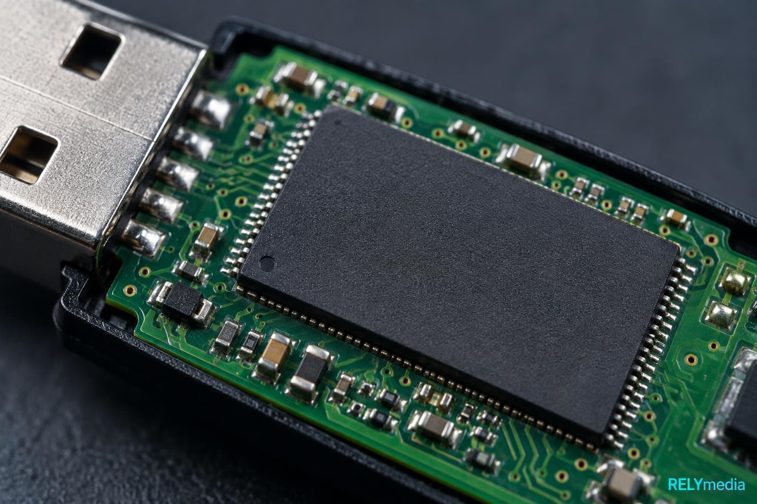 Close-up of a flash drive circuit board
