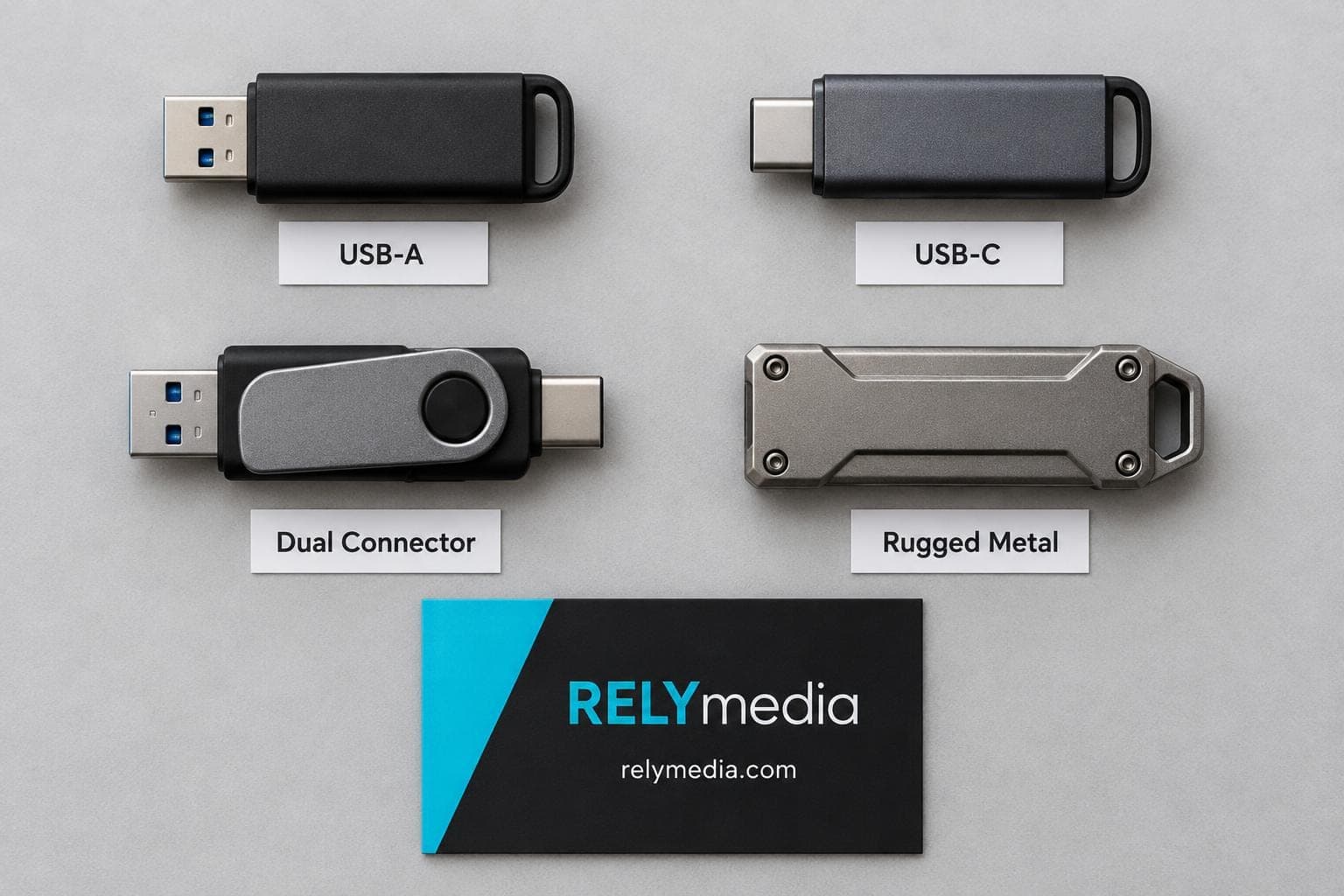 Several types of USB flash drives laid out flat