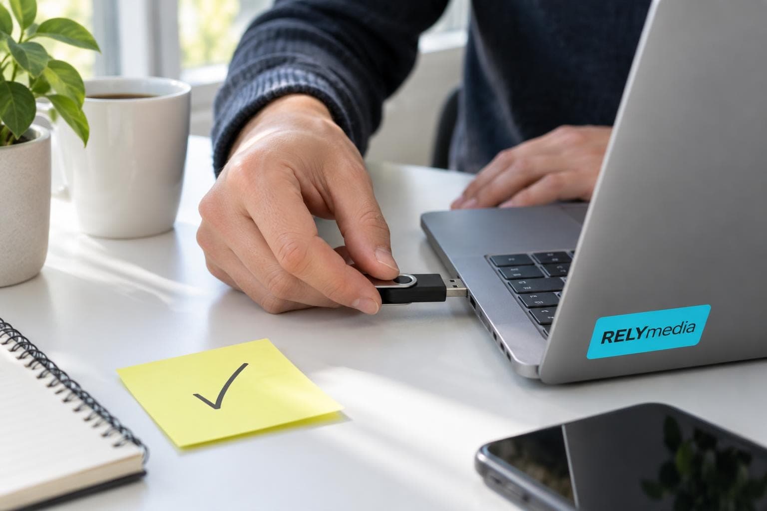 Person inserting a USB drive into a laptop