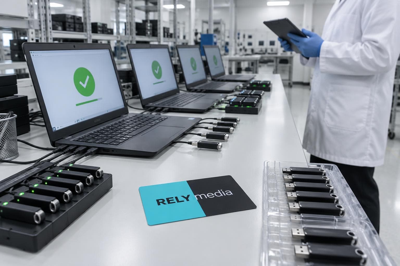 Flash drives being tested in a lab