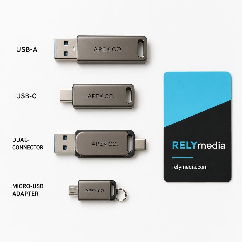 Flat lay comparing USB-A and USB-C flash drive connectors