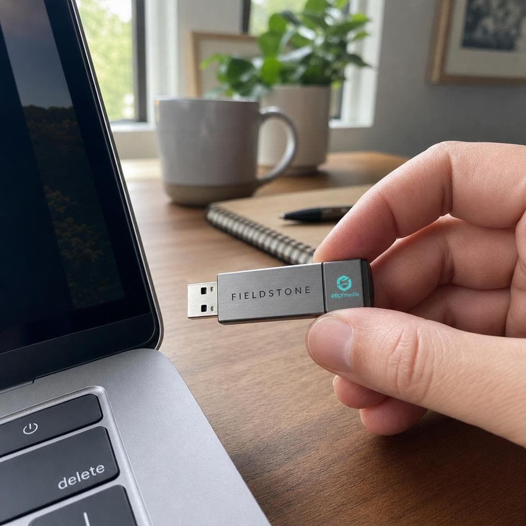 Person transferring files to a USB flash drive on a laptop