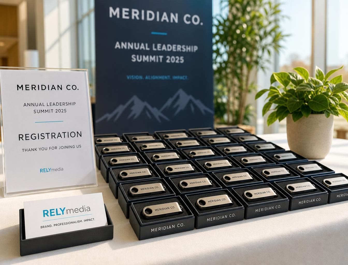 Branded USB flash drives on an event giveaway display