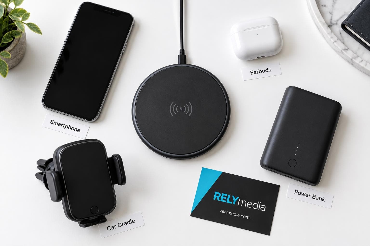 Flat lay of a phone, earbuds and wireless charging devices