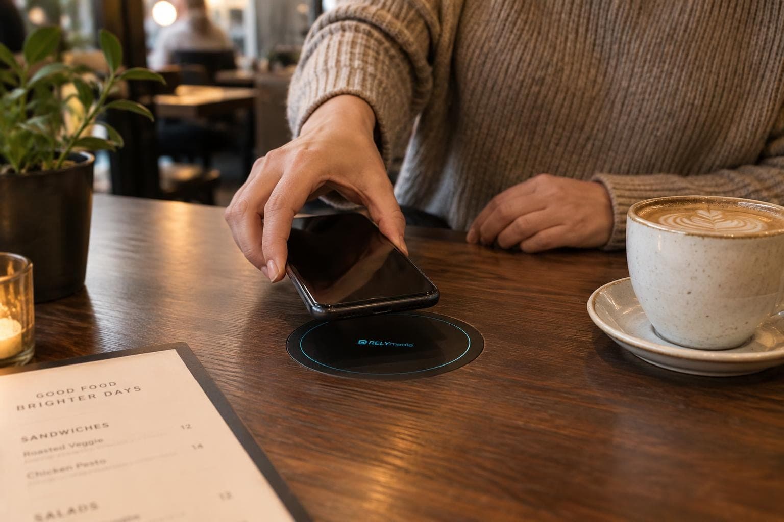 Phone charging on a wireless pad at a cafรฉ table