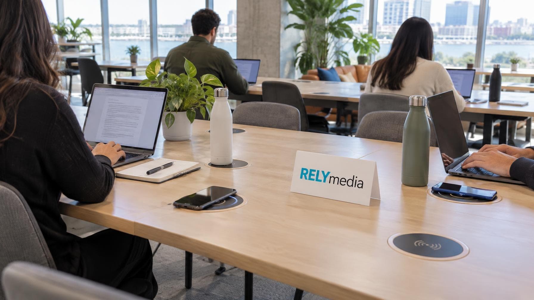 Wide view of a coworking space with wireless chargers