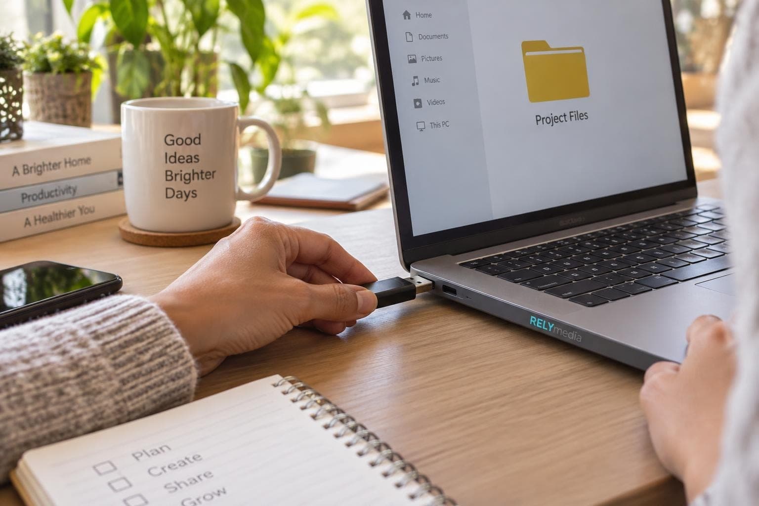 Person plugging a flash drive into a laptop