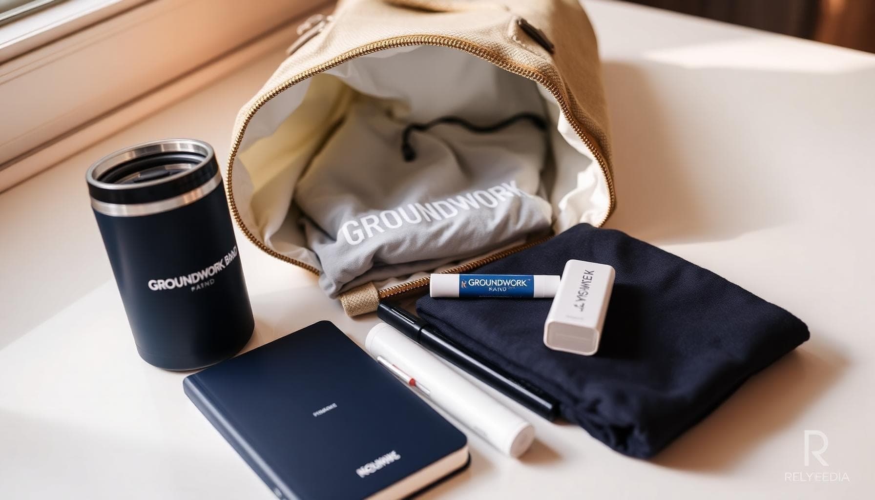 Close-up of branded promotional items in a swag bag — custom event giveaway products