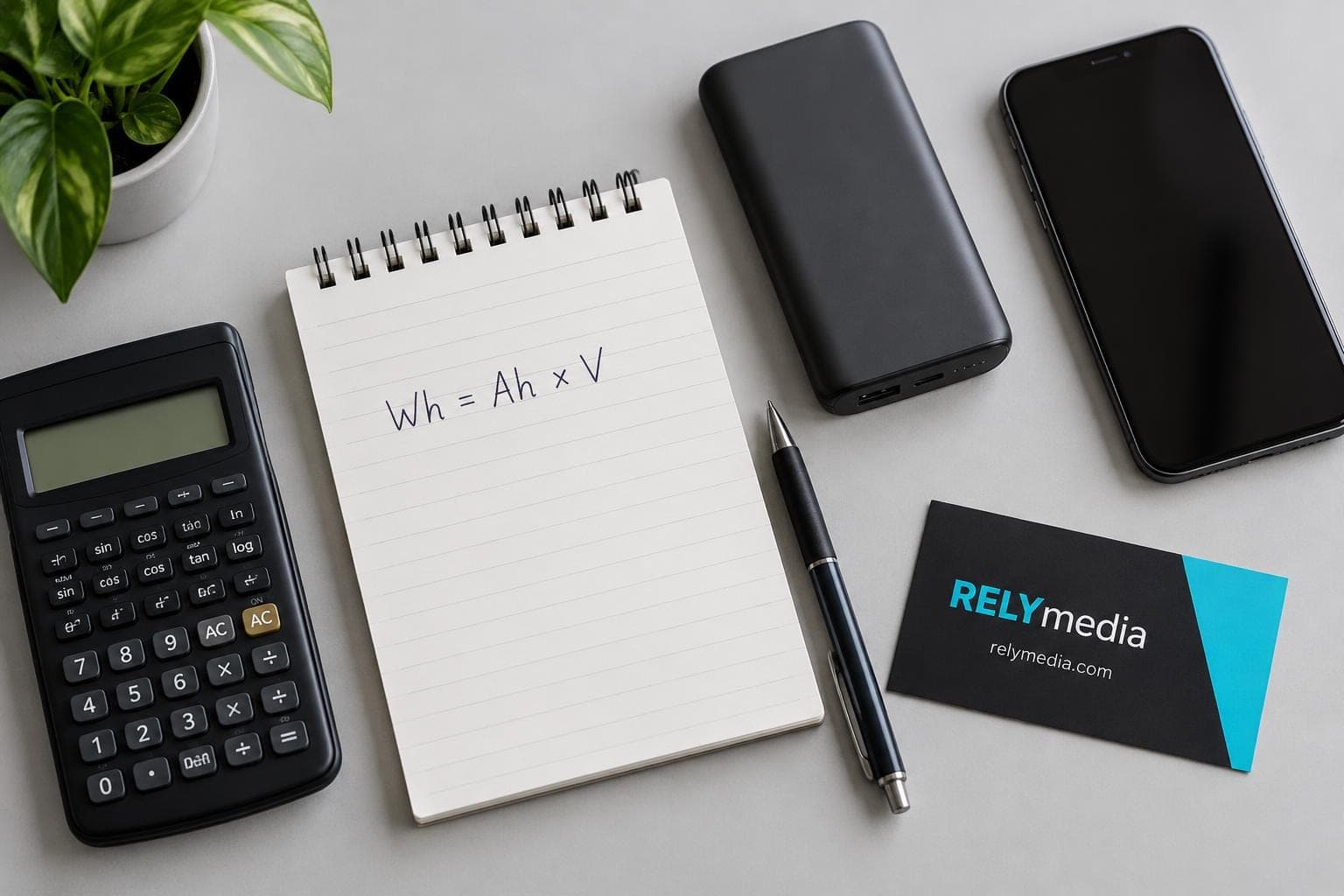 Flat lay of a power bank beside a written watt-hour formula