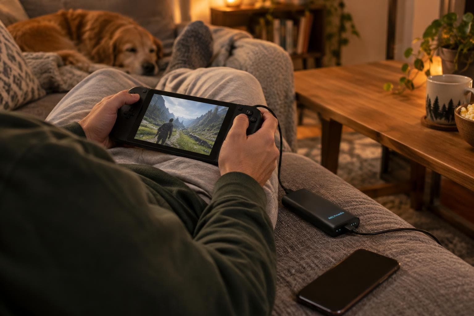 Gamer playing on a handheld device connected to a power bank