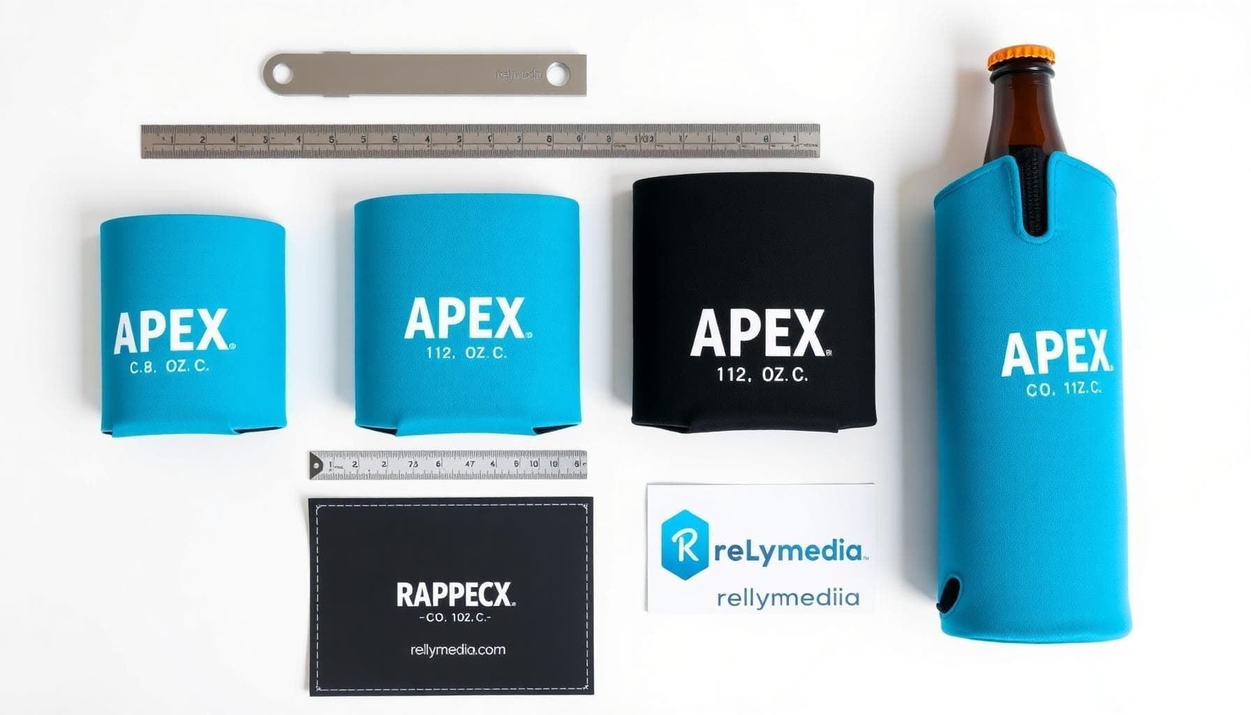 Flat lay of koozie decal and print size samples