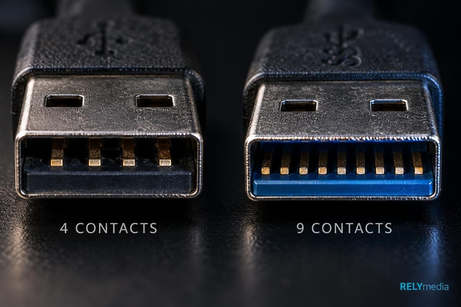 Close-up of USB 2.0 and USB 3.0 connector pins