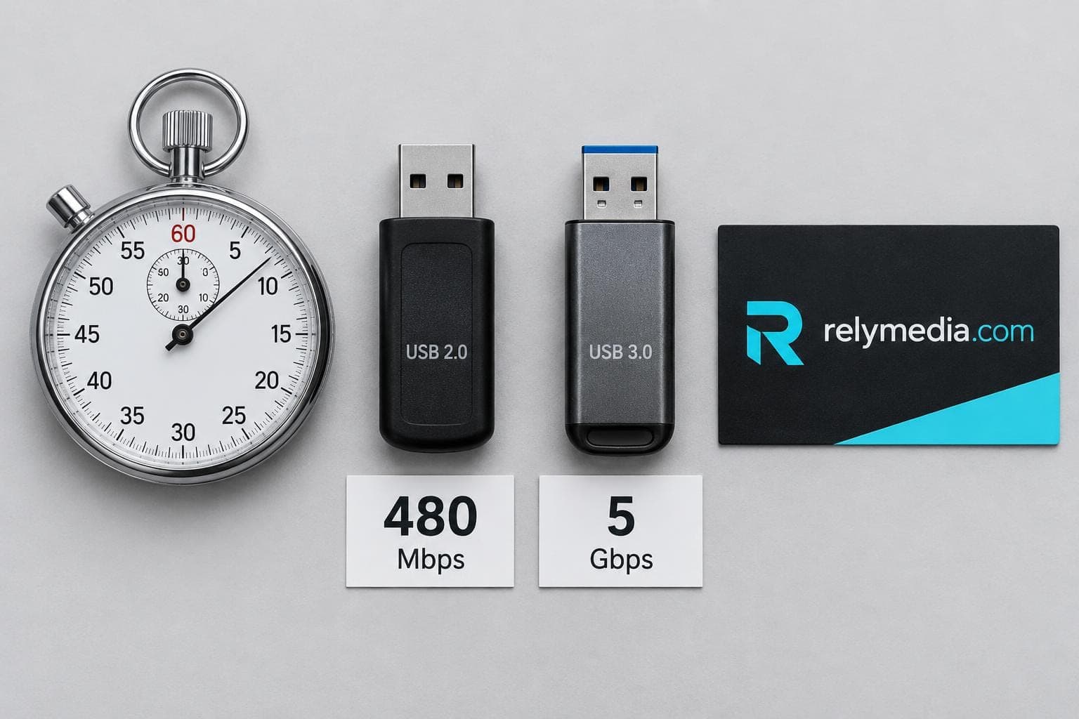 USB 2.0 and USB 3.0 drives laid out for a speed comparison