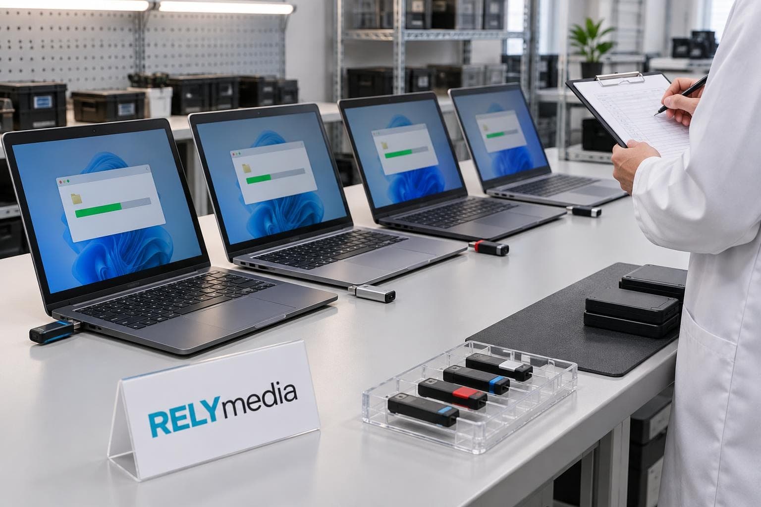 USB drives being tested on a workbench