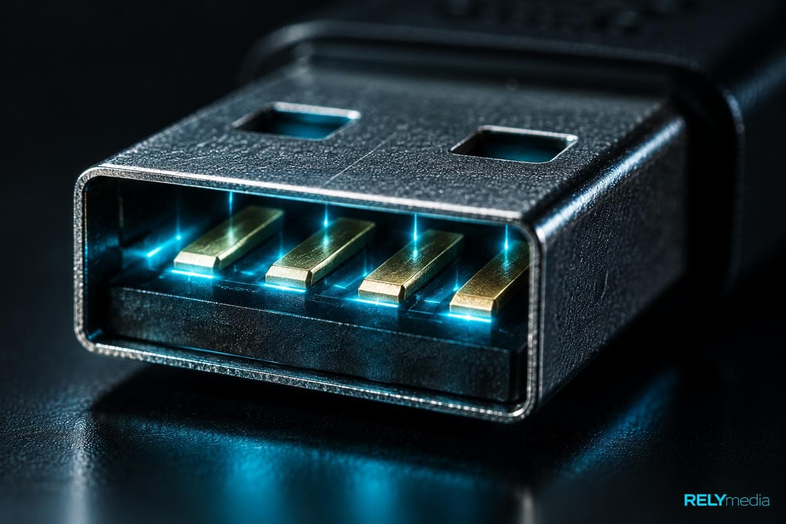 Close-up of the contacts inside a USB-A connector