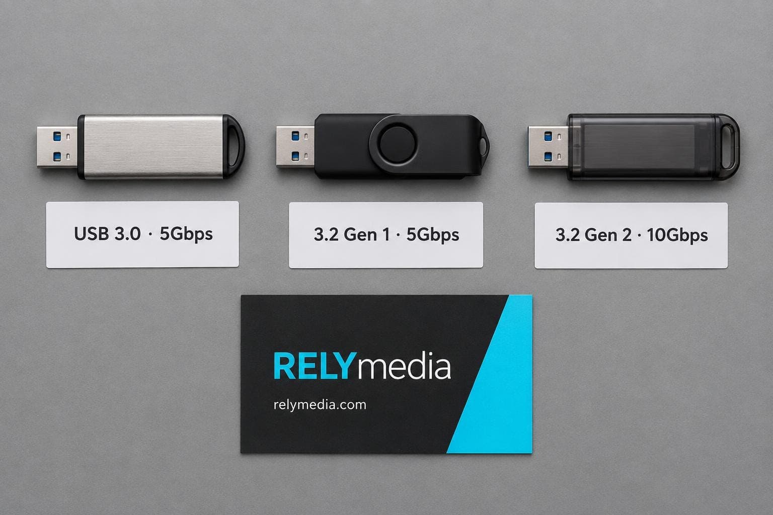 Flash drives laid out beside a USB spec card