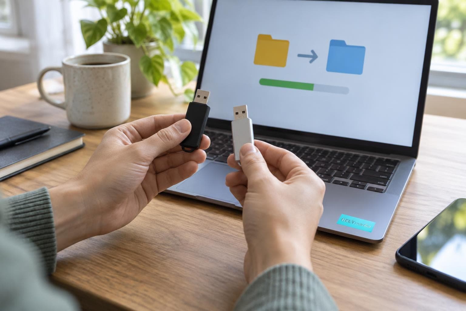 Person comparing two flash drives at a desk