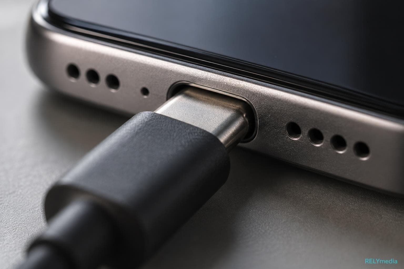 Close-up of a USB-C cable plugging into a phone's charging port