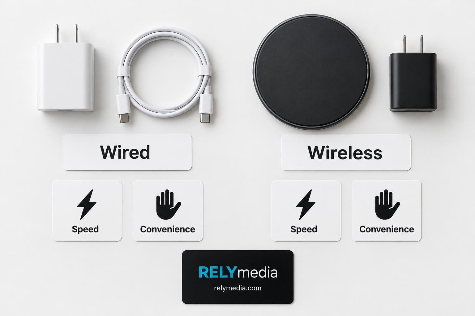 Flat lay of a charging cable beside a wireless charging pad
